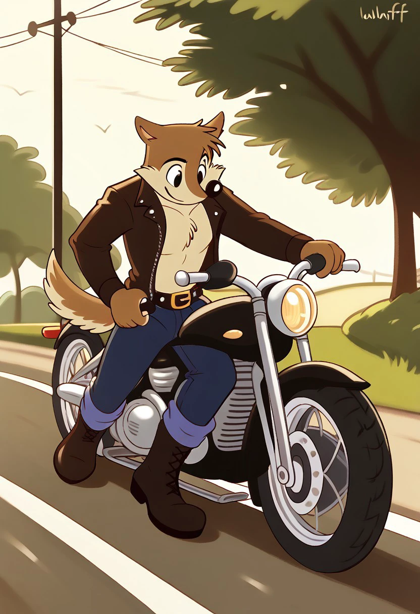 score_9, score_8_up, score_7_up BREAK Wuffl, 1boy, brown fur, beige muzzle, black nose, black eyes, beige chest, tail, open black leather jacket, white undershirt, black belt, silver buckle, blue jeans, black boots, riding motorcycle, speedway background,