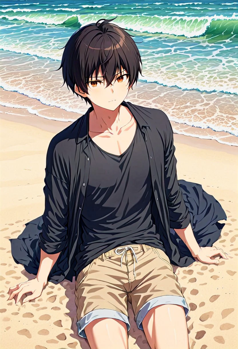 high resolution, solo, best quality, 1Boy, Seiya Kanie, Black Hair, Short Hair, Thin, Brown Eyes, At the beach, sand, waves, relaxation, shorts, open shirts, black t-shirts, layering look style,