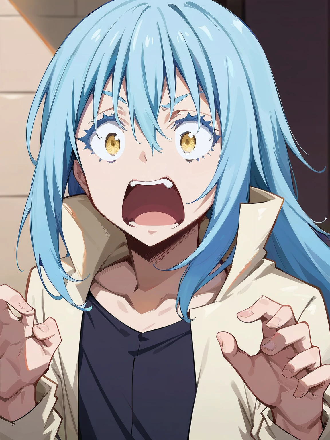 anime_source, <lora:Rimuru:0.8> ri_ru, 1boy, blue hair, long hair, blue eyebrows, long blue eyelashes, yellow eyes, (shocked:1.2), score_9, score_8_up, score_7_up,
