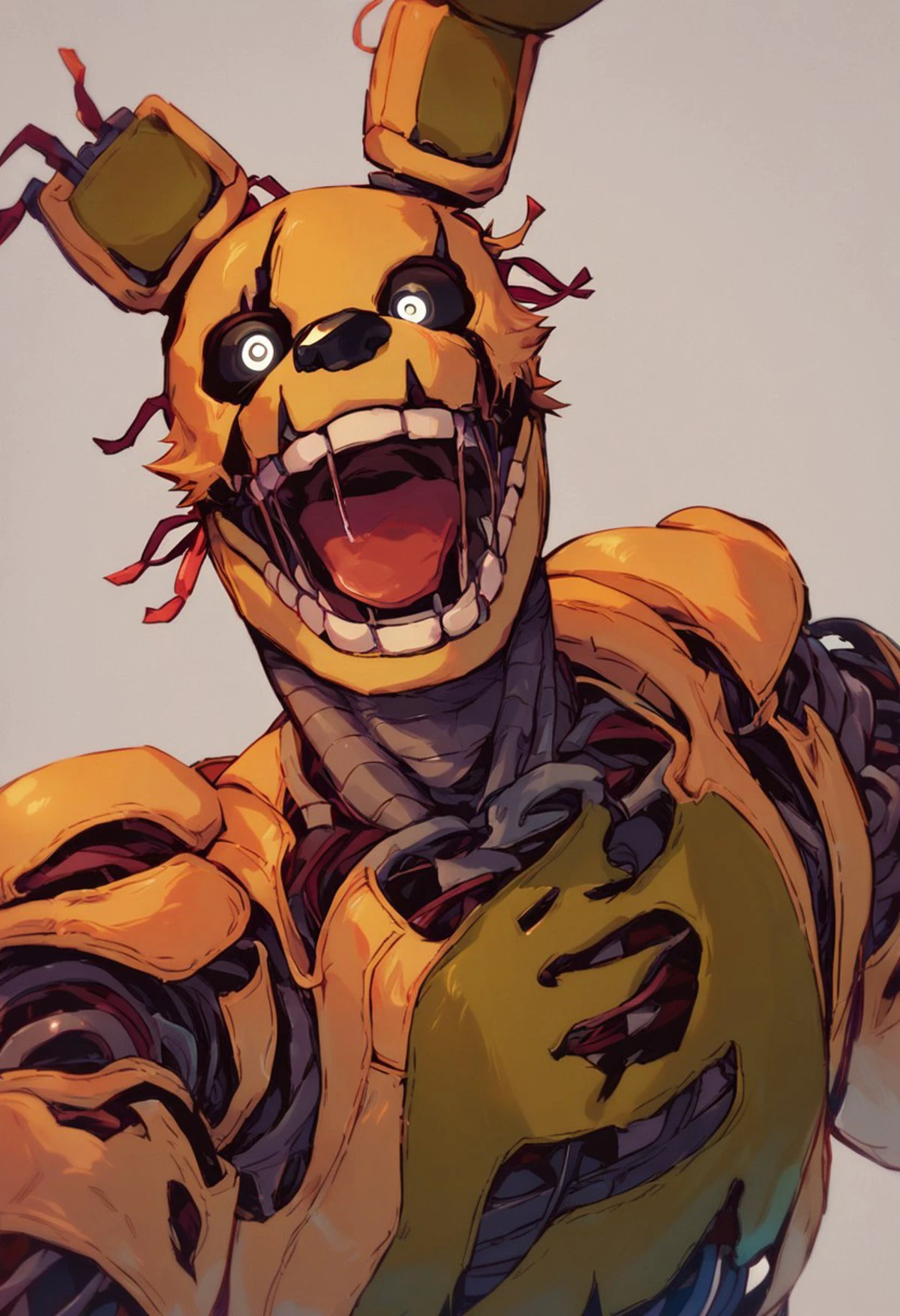 score_9, score_8_up, score_8, (springtrap), upper body, muscular, male focus, open mouth, solo, (animatronic), black sclera, white eyes, solo