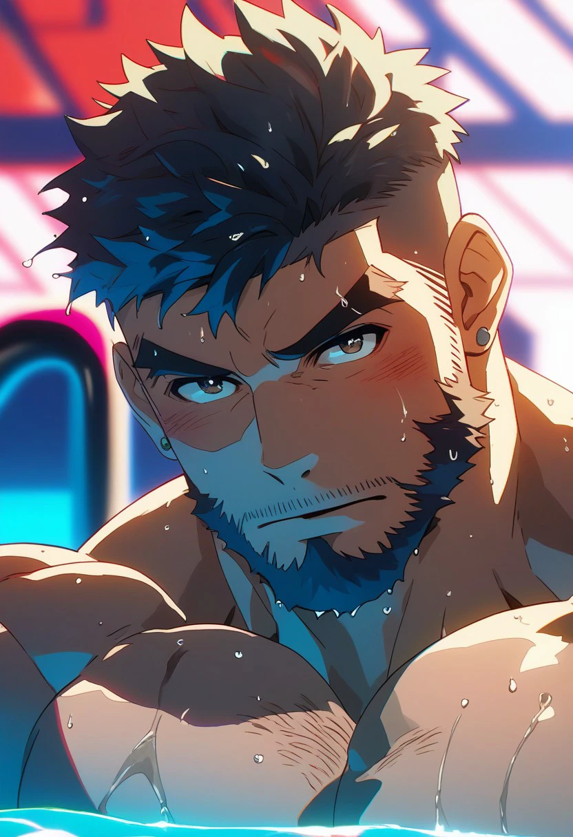 score_9,score_8_up,score_7_up,source anime,
1boy, portrait,close-up,male focus, facial hair, solo, beard, bara, muscular male, muscular, wet, short hair, chest hair, pectorals, mature male, looking at viewer, blush, thick eyebrows, nude, jewelry, earrings, large pectorals, black hair, undercut, portrait, wet hair
BREAK, sharp shadows,direct lighting,vibrant colors,in pool,glow effect,bloom,edge color fringing,chromatic aberration,
<lora:NijijourneyV6Style-000016:1>