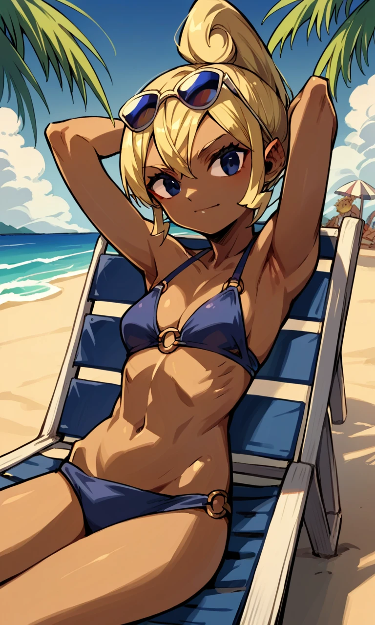 score_9, score_8_up, score_7_up, source_anime BREAK, 1girl, solo, tetra, dark skinned female, blond hair, blue eyes, bikini, sunglasses on head, hands behind head, beach, lounge chair, palm tree, shade