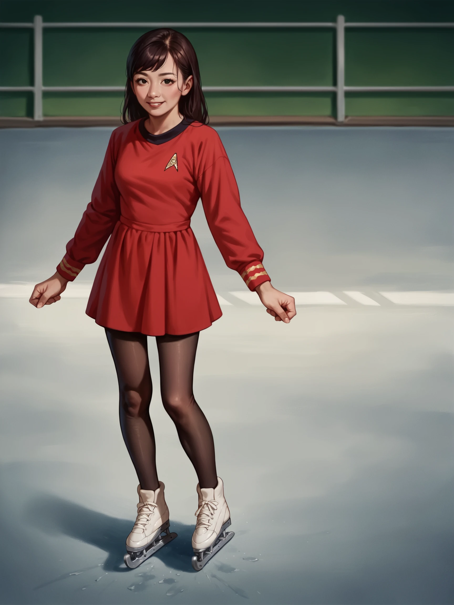 score_9, score_8_up, score_7_up, score_6_up, score_5_up, score_4_up,asian 1girl ice skater in stunf,star trek uniform red dress,in an ice rink at night,wearing ice skates, doing figure skating,long sleeves,pantyhose<lora:ponytosnewV2:0.8>