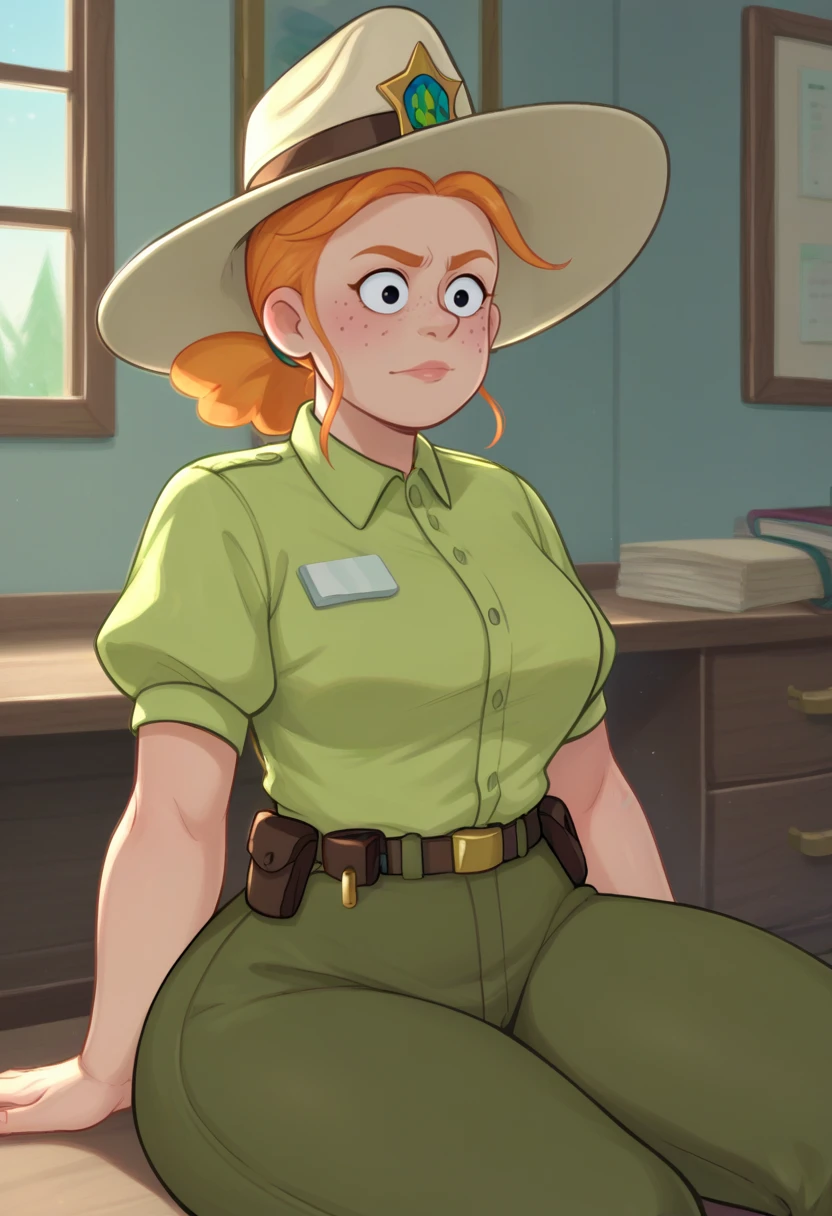 score_9,score_8_up,score_7_up BREAK <lora:danatabes:0.9>,danatabesSDXL,1girl,solo,shirt,hat,ponytail,short sleeves,collared shirt,belt,pants,black eyes,orange hair,uniform,freckles,green shirt,green pants,thick thighs,room,room background,sitting,