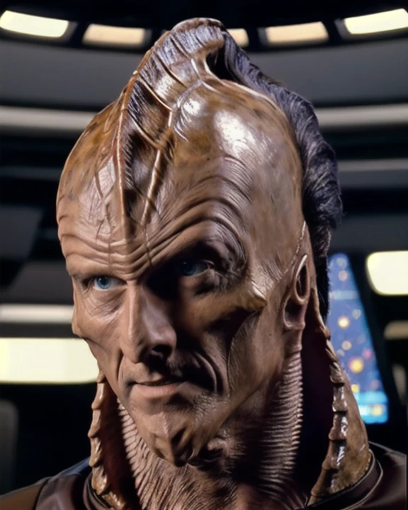 hirogen, alien man, male, leathery bumpy skin, black eyes, wearing hugoboss uniform, untersturmfuhrer collar insignia, wide shot, front view, indoors, sci-fi starship background, centered subject, raw photo <lora:hirogen_lora:0.8>