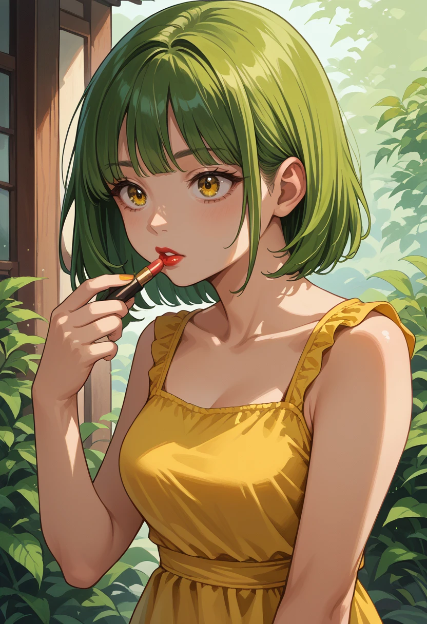 score_9, score_8_up, source_anime, 1girl, solo, applying lipstick, holding lipstick tube, green hair, yellow eyes, medium hair, bob cut, medium breasts, yellow sundress, <lora:ChamApplyingLipstickPonyXL:1>