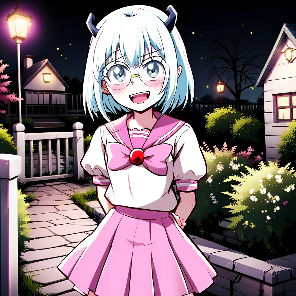 Crocell Kerori, smile, closed mouth, light blush, happy, light blue hair, short hair, blue eyes, horns, round eyewear, colored eyelashes, KeroriSchoolUniform, school uniform, serafuku, pink skirt, bow, standing, looking at the viewer, halloween, outdoors, night