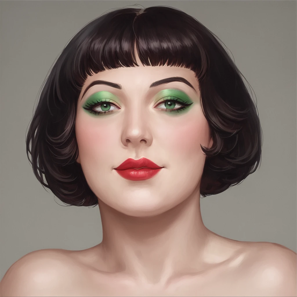 score_9, score_8_up, score_8, (masterpiece, best quality, highly detailed, realistic), source_western, realistic, portrait of mature full figured kikmon in a short dress, Hollywood movie premier, very short bob black hair, green eyes, facing the viewer, very close up
 <lora:Kiki_de_Montparnasse_Pony:0.8> kikmon, makeup, green eyeshadow, orange blush, black eyeliner, vermillion lipstick, short hair, bangs