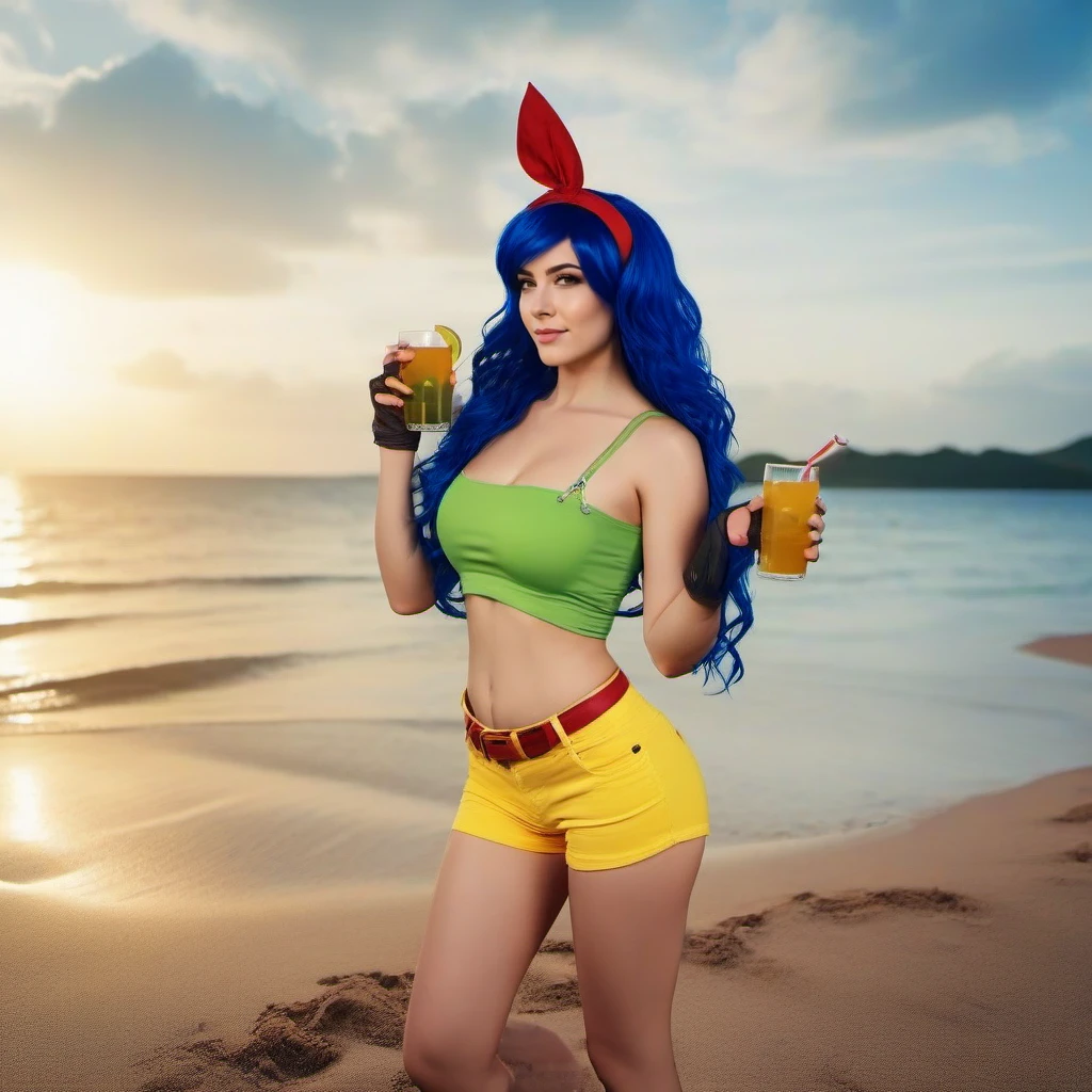 cinematic photo full body portrait 1girl, yellow short, green crop top, rel belt,blue hair, midriff, fingerless gloves, long hair, red hairband,  navel, large breast, having a cocktail on island beach,  sunset<lora:Lunch1024:0.8> . 35mm photograph, film, bokeh, professional, 4k, highly detailed