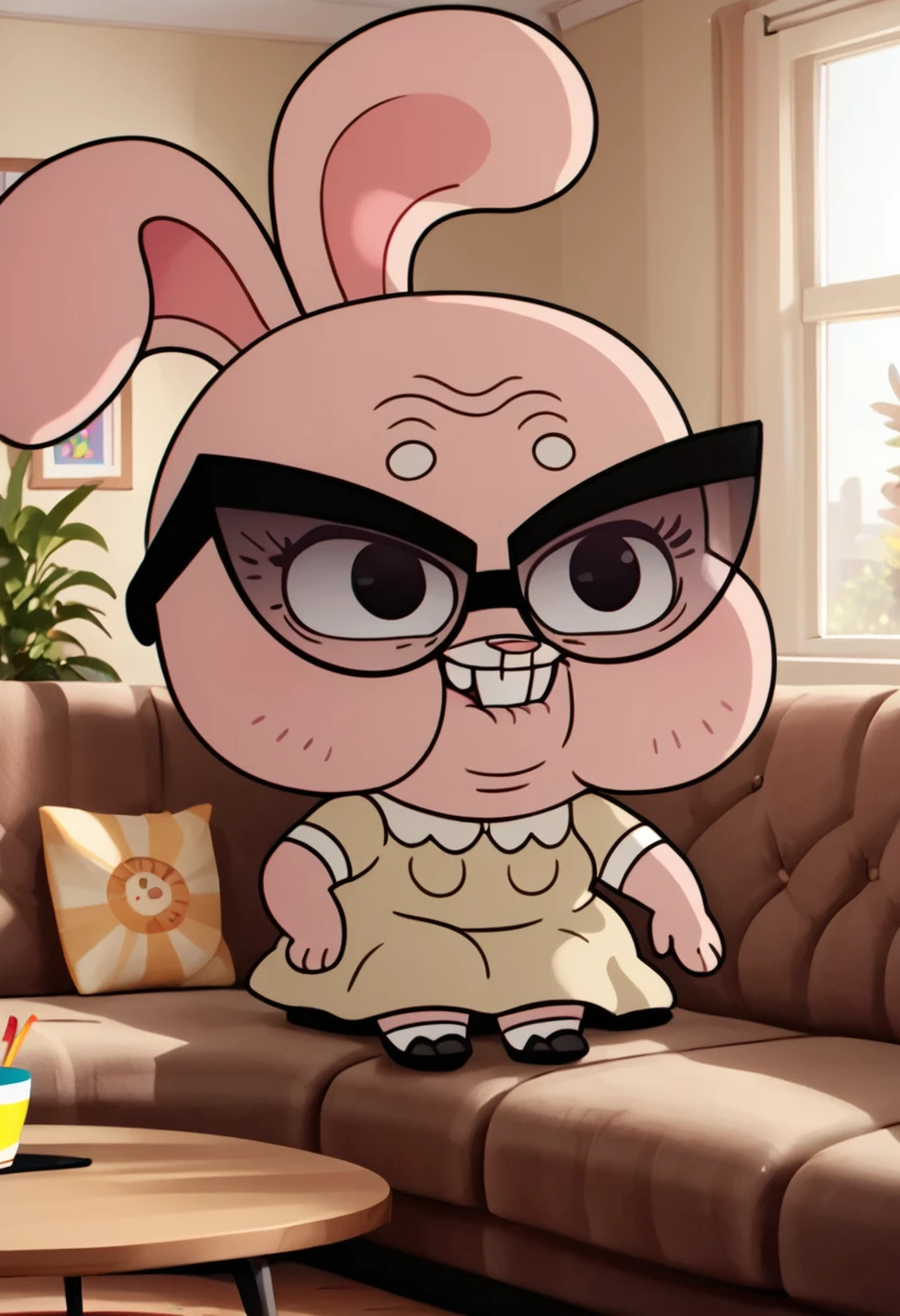 score_9, score_8_up, score_8,   <lora:Joanna_Jojo_Watterson_The_Amazing_World_of_Gumball_for_PonyXL_V2:0.8> 1girl, j0j0, bunny girl, old, solo,  glasses, dress, chibi, sitting on couch, living room, window, smile, buck teeth