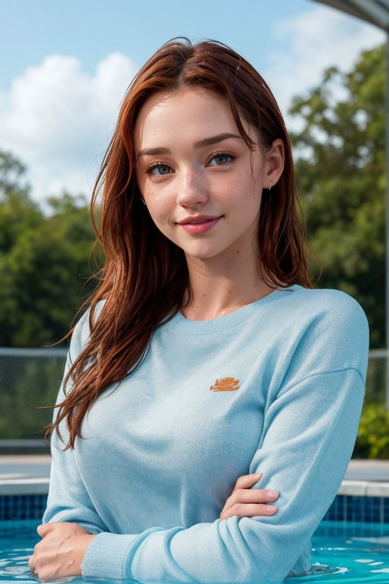 portrait of S458_MelanieMarie,a beautiful woman,in a (pool:1.1),wearing a (crewneck-shirt),(wet-hair),(4k, RAW photo, best quality, 50mm, depth of field, ultra high res:1.1),(intricate, photorealistic, cinematic-shot, masterpiece, ultra-detailed:1.1),