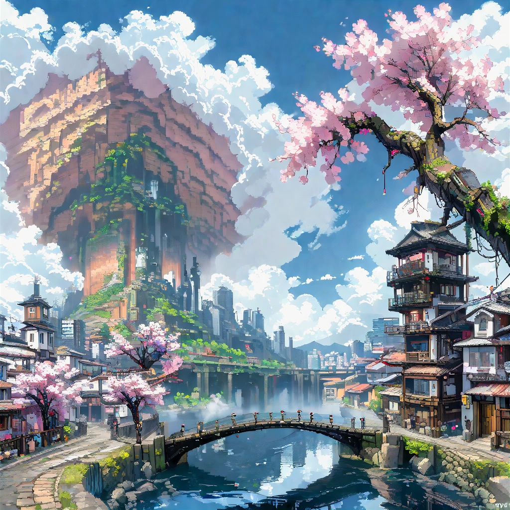 ARSMJSTYLEPONY, FewP, pixel art, scenery, cloud, sky, outdoors, no humans, cherry blossoms, building, tree, water, bridge  <lora:ArsMJStylePony_-_Pixel_Art-000004:1>