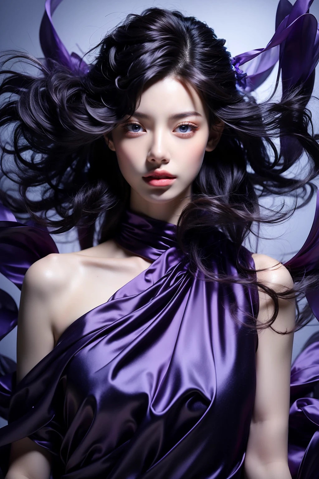 photorealistic,realistic,photography,masterpiece,best quality,ultra-detailed,extremely detailed CG unity 8k wallpaper,(reality: 1.4),1girl,solo,long hair,messy hair,looking at viewer,blue eyes,black hair,wind,floating hair,upper body,standing,parted lips,lips,flowing purple satin with intricate details,science fiction,realistic,nose,science fiction,Purple torn dress,Purple air, <lora:jay-purple air:1>