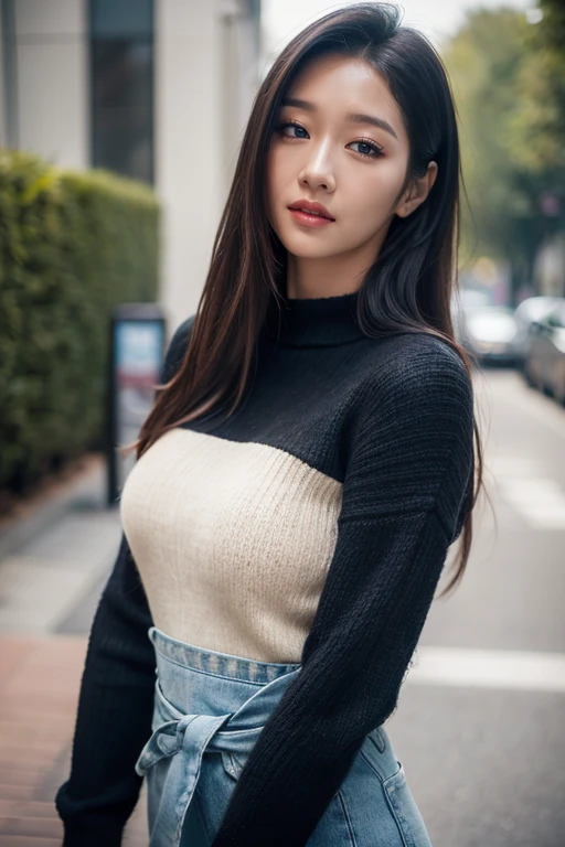<lora:xxyejilite:1> (hyperrealism), (photorealistic), (realistic:1.4), best quality, masterpiece, xxyeji, 1girl, looking at the viewer, makeup, detailed eyes, detailed face, (upper body photo:1.2), black sweater, waist, outdoors