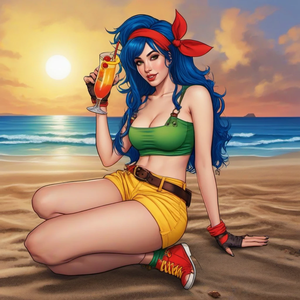 comic full body portrait 1girl, yellow short, green crop top, rel belt,blue hair, midriff, fingerless gloves, long hair, red hairband, navel, large breast, having a cocktail on island beach, sunset  <lora:Lunch1024:0.8> . graphic illustration, comic art, graphic novel art, vibrant, highly detailed