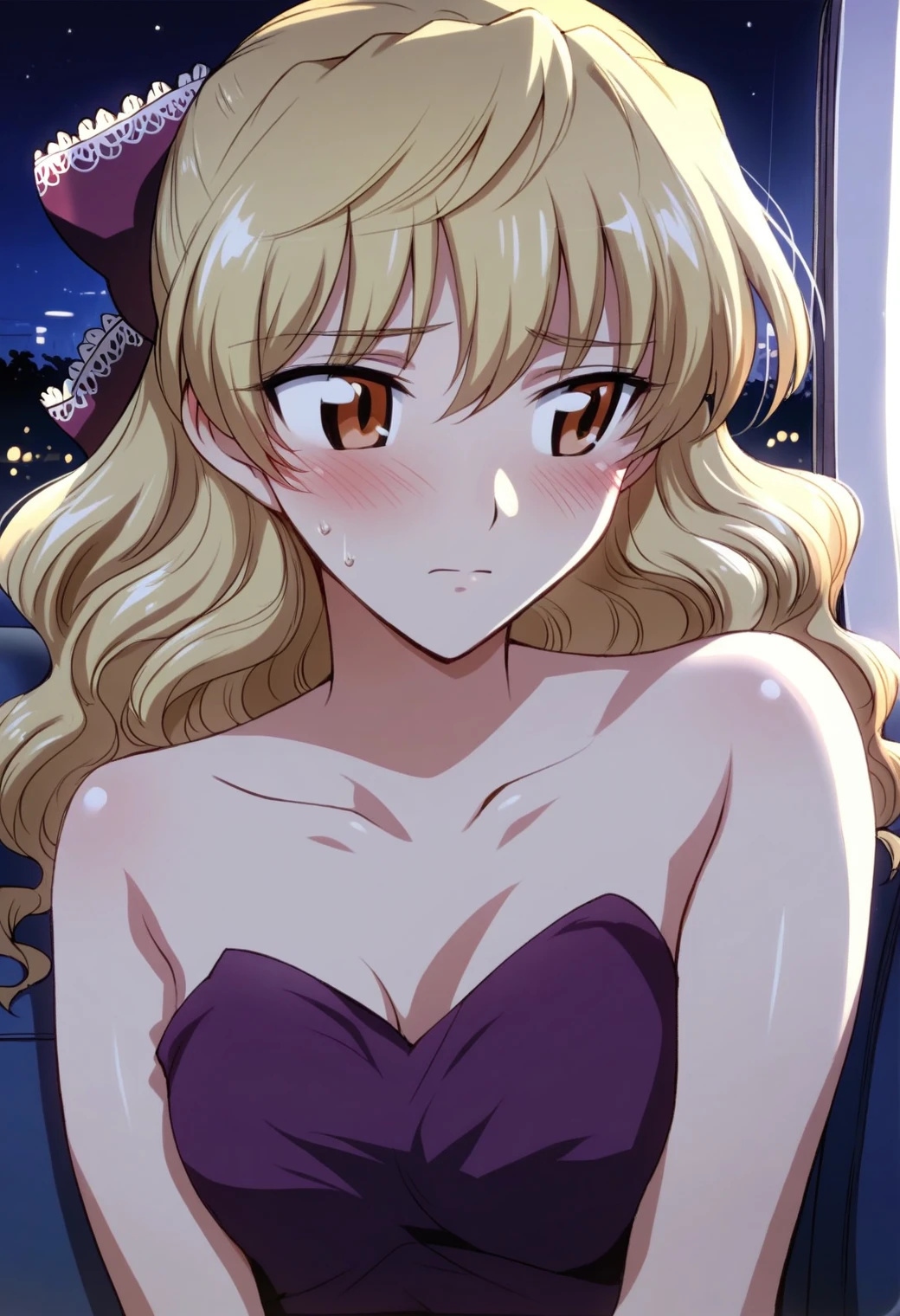 <lora:sawachika_eri_ponyxl_v8:0.8>, sawachika eri, wavy hair, hair bow purple bow,, solo, looking away, sideways glance, embarrassed, blush,
purple dress, strapless dress,
car interior, night,
score_9, score_8_up, score_7_up, score_6_up, anime coloring, (hara \(harayutaka\):0.5), (m-da s-tarou, asou \(asabu202\):0.5), masterpiece, best quality, perfect lighting, perfect shadows