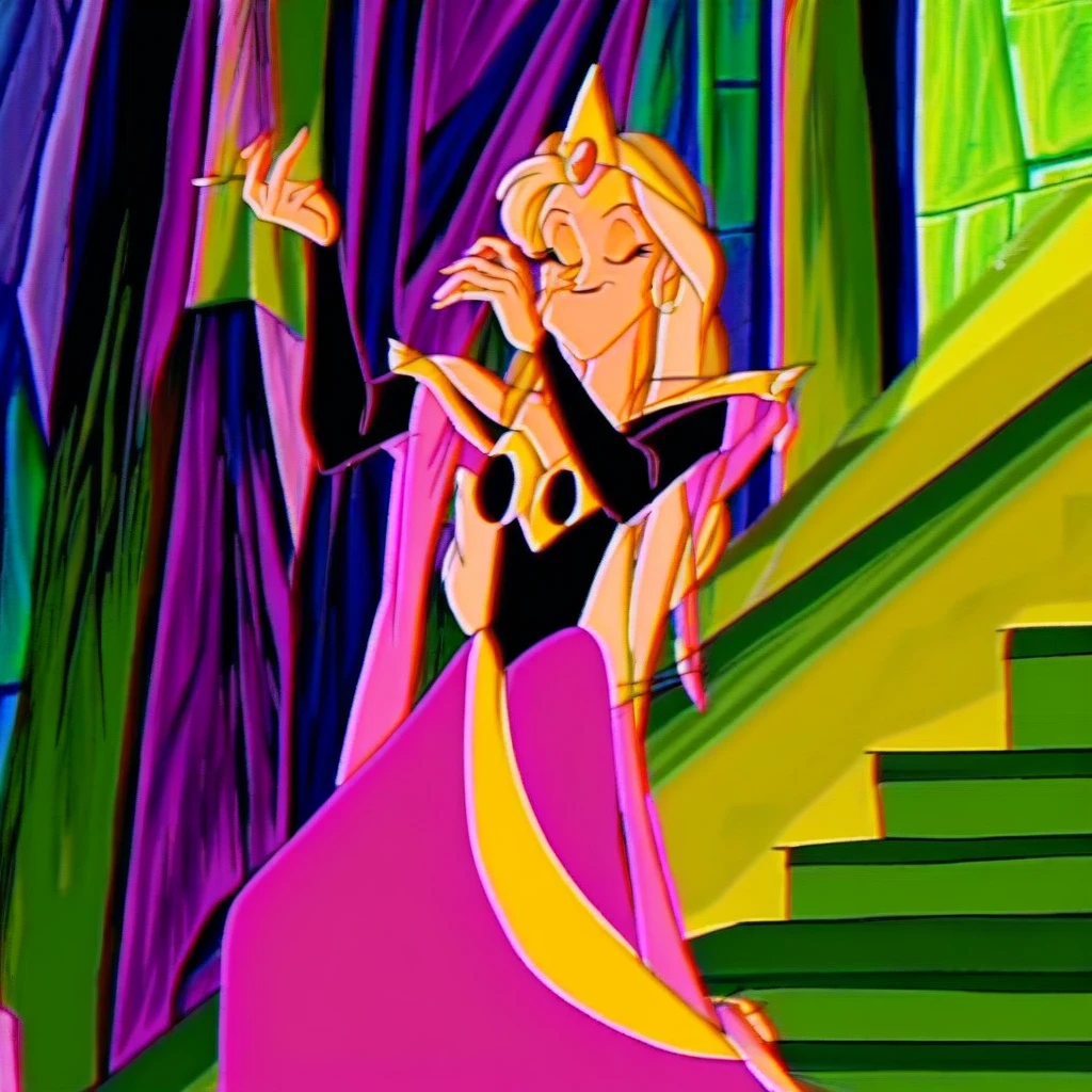 stairs, instrument, closed eyes, Black dress, purple dress, Purple dress, Blonde hair, retro artstyle, crown, long hair, solo