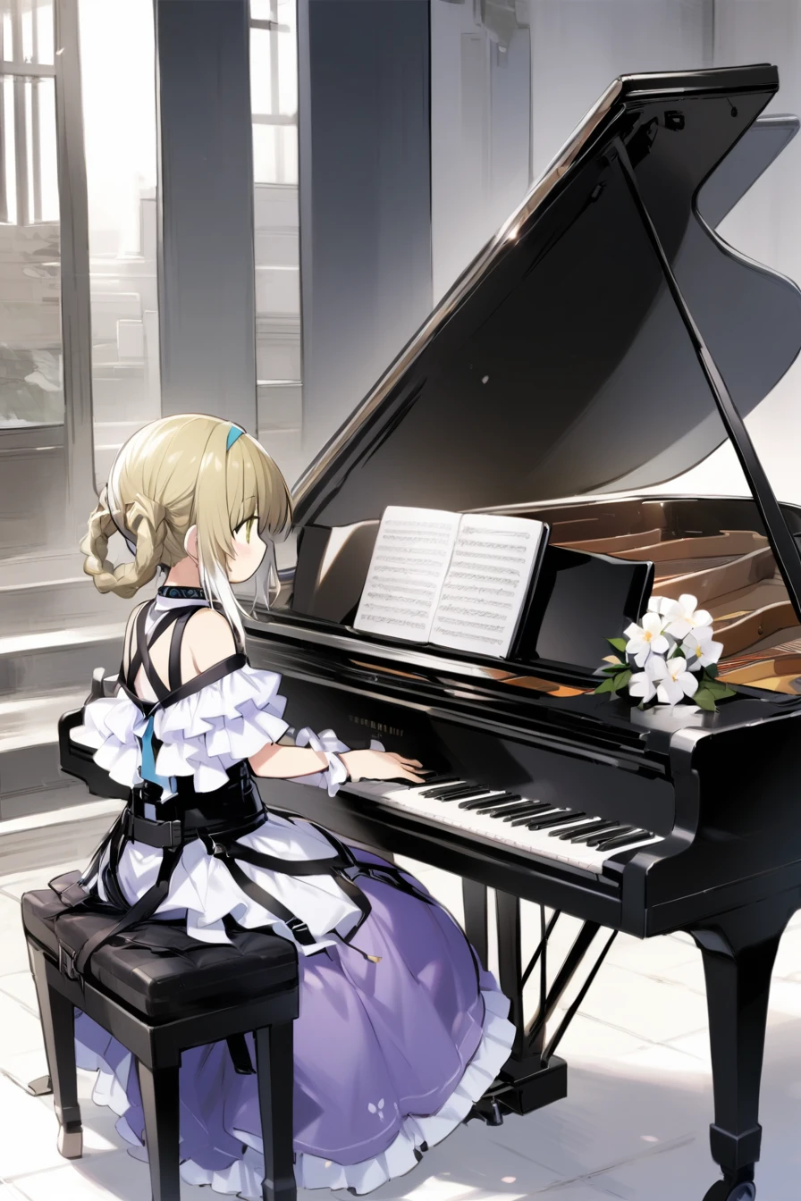 1girl,tsunako, totoki86,
solo,suzuran \(arknights\), playing instrument, grand piano,  <lora:grand_pianoSY:1>