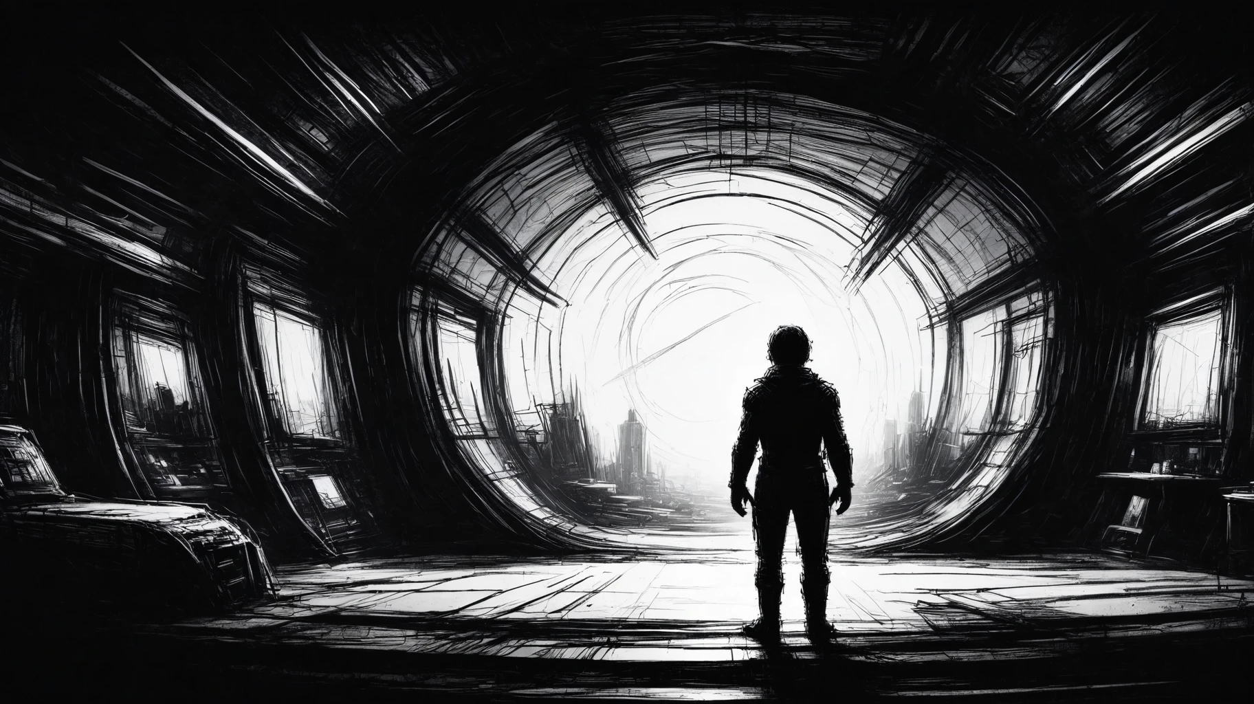 rough sketch, scribbles, man standing in a spaceship, staring at the stars