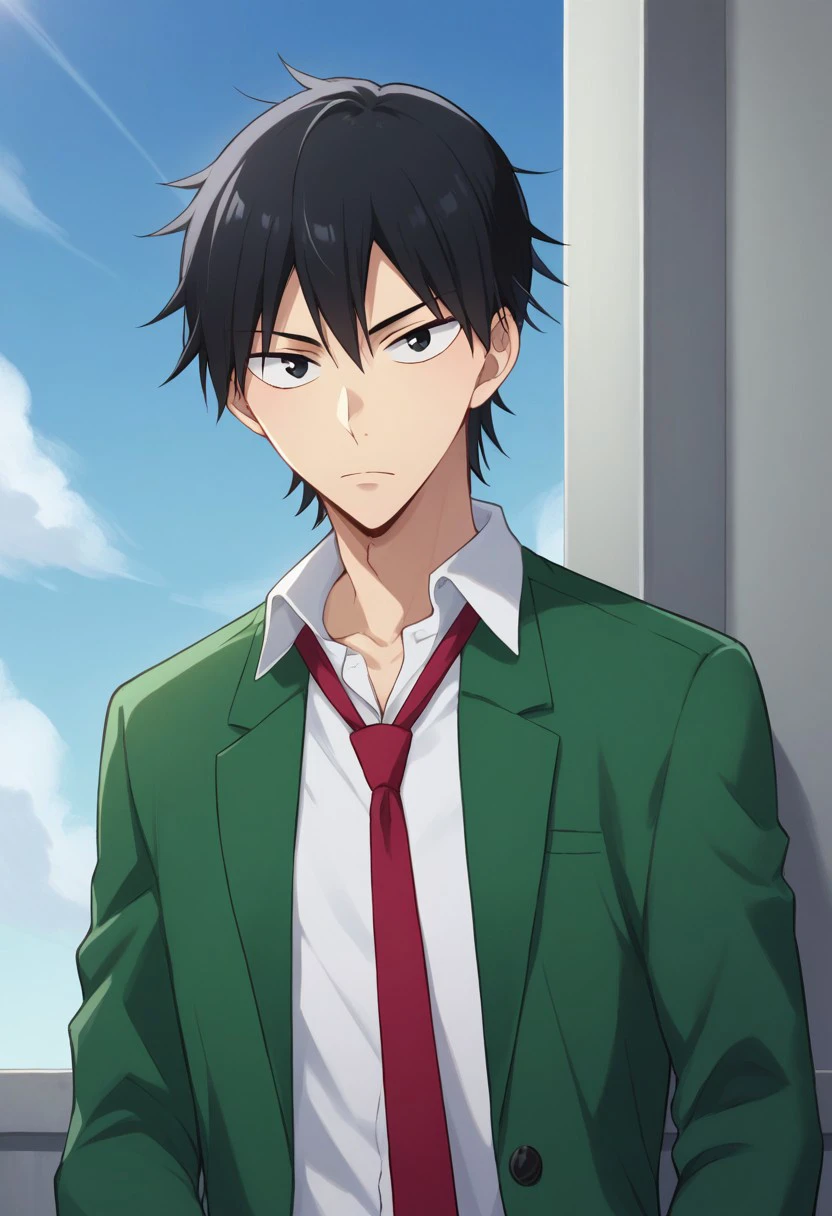 score_9, score_8_up, score_7_up, source_anime, highly detailed, 
imaizumi, 1boy, male focus, necktie, solo, school uniform, red necktie, black hair, sky, shirt, white shirt, black eyes, day, green jacket, jacket, looking at viewer, closed mouth, blue sky, collared shirt, open clothes, upper body, plaid pants, plaid, pants,