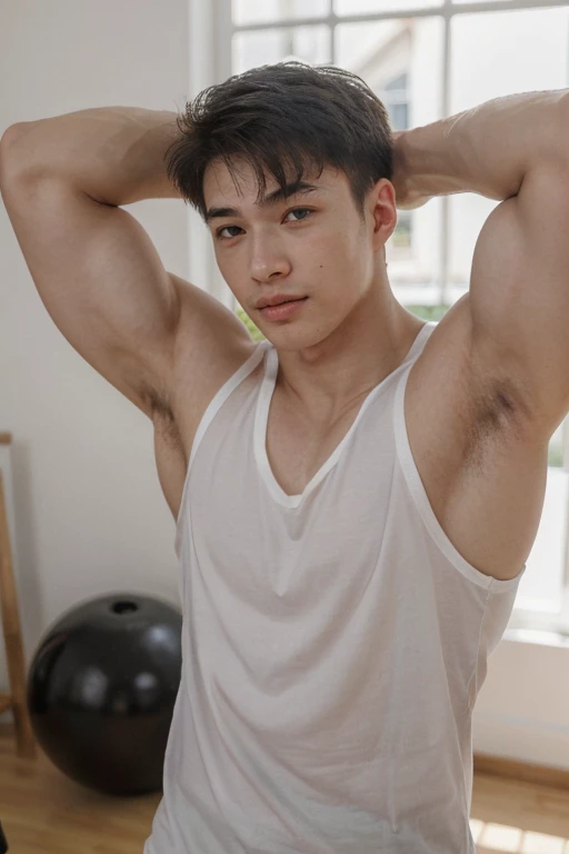 alec, kevin, face, muscular, WEARING white tank top, flexing biceps, armpits, (highres, ultra detailed) ((masterpiece)), ((best quality:1.1)), High Resolution, 8k,1boy, best quality, masterpiece, (photorealistic:1.4), 4k, high quality, masterpiece, best quality, dynamic poses, looking at viewer <lora:new_aleckevin_000004:1>