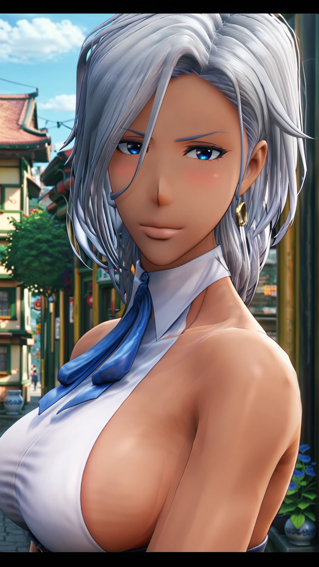 fantasy-style, (zPDXL2), (((close up portrait))), (((dynamic pose))), (((dynamic angle))), sehele style, webtoon, anime, centered, 1girl, 1woman, anapal, tall, dark tanned skin, sideboob, dark silver hair, deep blue eyes, white dress with open back and bibs, blue ribbon, blushing, outdoors, japan town background, <lora:sd_xl_dpo_lora_v1:1>, <lora:OMG-Is-DucHaiten_v1.0:0.1>, <lora:Seunghee_Lee_Style_PDXL:1>, <lora:ManhwaSDXL:0.8>, <lora:anapal_PonyXL:0.8>