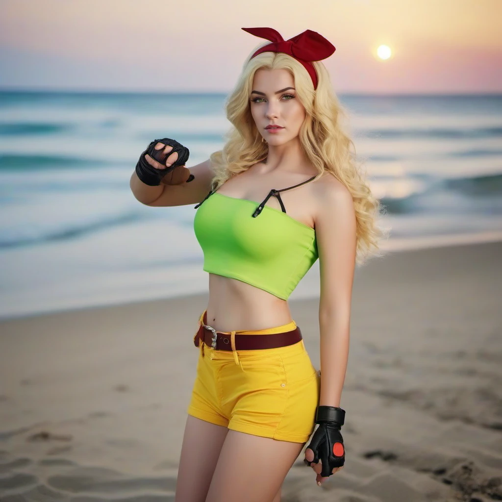 cinematic photo full body portrait 1girl, yellow short, green crop top, rel belt,blond hair, midriff, fingerless gloves, long hair, red hairband,  navel, large breast, holds weapons on island beach,  sunset<lora:Lunch1024:0.8> . 35mm photograph, film, bokeh, professional, 4k, highly detailed