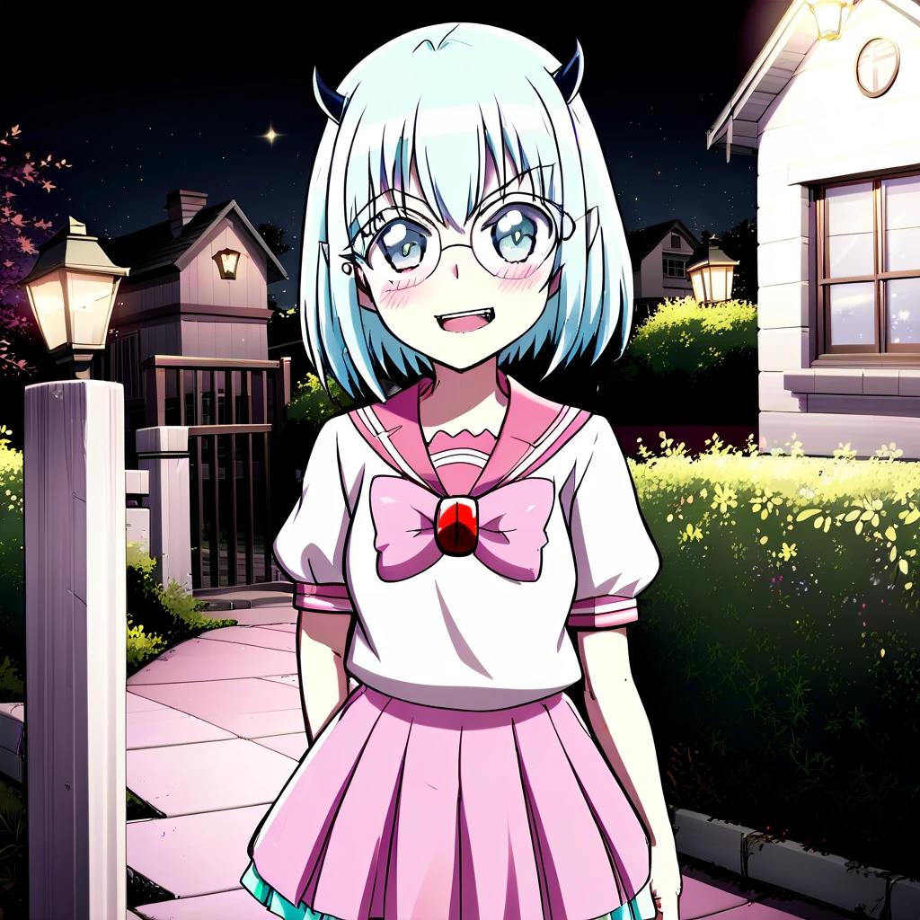 Crocell Kerori, smile, closed mouth, light blush, happy, light blue hair, short hair, blue eyes, horns, round eyewear, colored eyelashes, KeroriSchoolUniform, school uniform, serafuku, pink skirt, bow, standing, looking at the viewer, halloween, outdoors, night