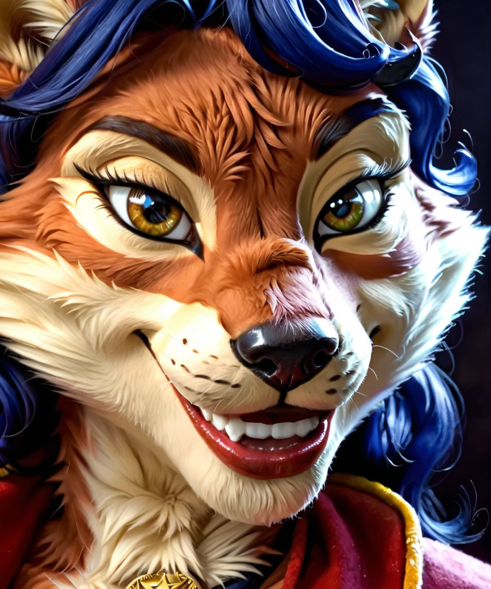 anthro, great lighting, (soft fur, fluffy fur, detailed fur:1.5), sharp details, ziprealism, photo, realistic, irl,\n\ncarmelita_fox, vixen, female, half closed eyes, solo, (close up face, face focus, smile face), 