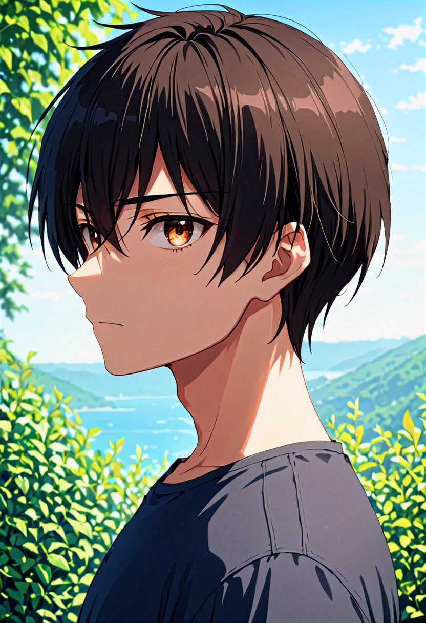 high resolution, solo, best quality, 1Boy, Seiya Kanie, Black Hair, Short Hair, Thin, Brown Eyes, portraits, proud, outdoor, Half Body, Depth Of Field,