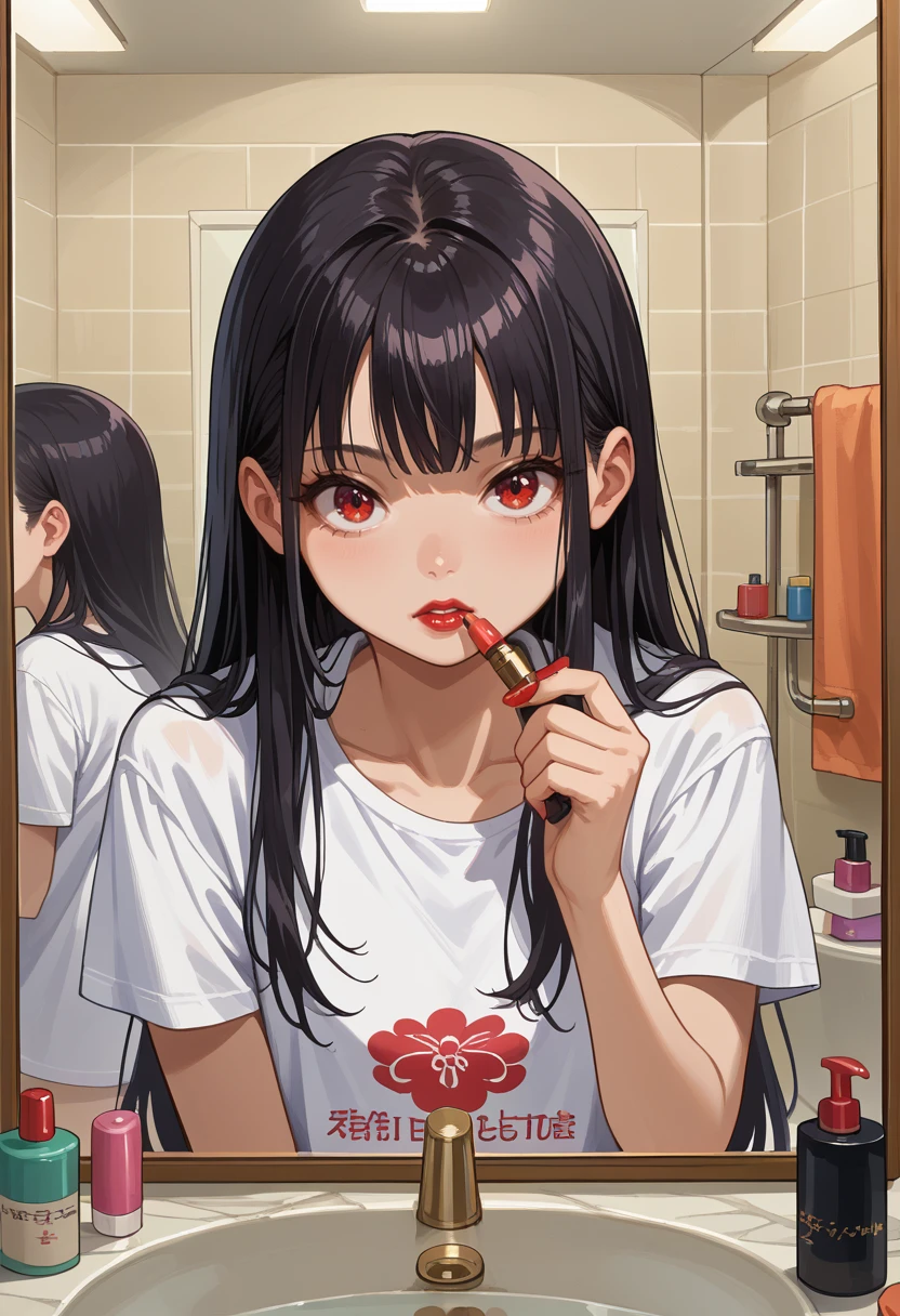 score_9, score_8_up, source_anime, 1girl, solo, applying lipstick, holding lipstick tube, red eyes, black hair, long hair, white t-shirt, indoors, bathroom, mirror, reflection, <lora:ChamApplyingLipstickPonyXL:1>