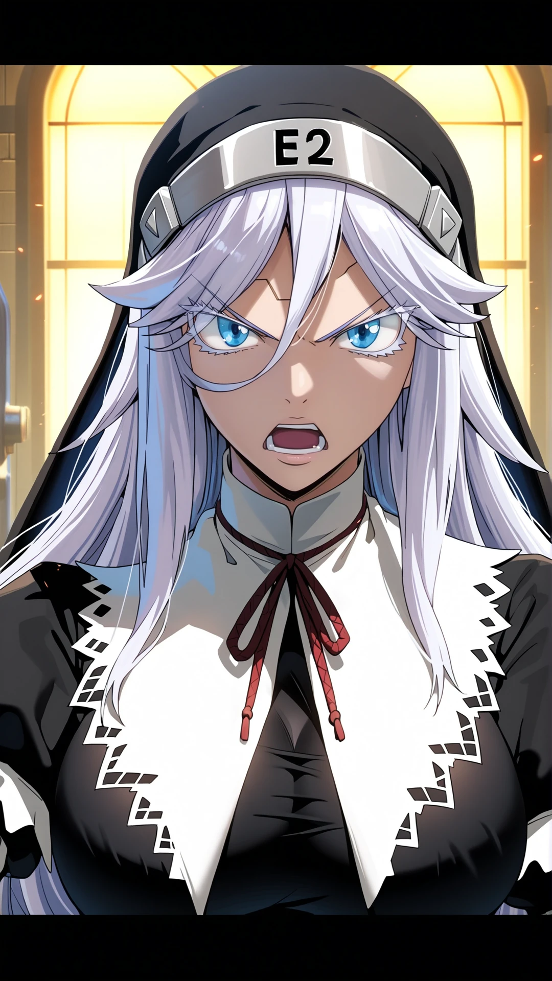 fantasy-style, (zPDXL2), (((close up portrait)), (((dynamic pose))), (((dynamic angle))), sehele style, webtoon, anime, centered, 1girl, 1woman, sisry, blue eyes, gray eyebrows, long white hair and eyelashes, a long-sleeved black nun's habit with "E2" on the headpiece, mechanical seam across forehead, open mouth, angry, indoors, sci-fi background, <lora:sd_xl_dpo_lora_v1:1>, <lora:OMG-Is-DucHaiten_v1.0:0.1>, <lora:Seunghee_Lee_Style_PDXL:1>, <lora:ManhwaSDXL:0.8>,  <lora:sisry_PonyXL:0.8>