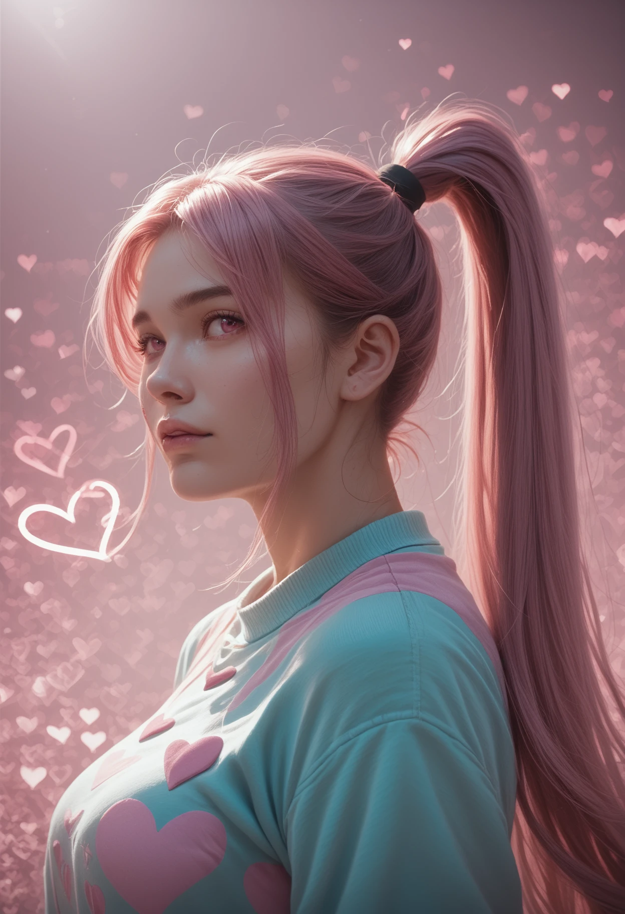 score_9,score_8_up,score_7_up, heart seat surrounded by pink mist, floating hearts  <lora:heartmiststyle-000001:1>, high ponytail, long hair, 1girl, seij <lora:Seij-000001:1>