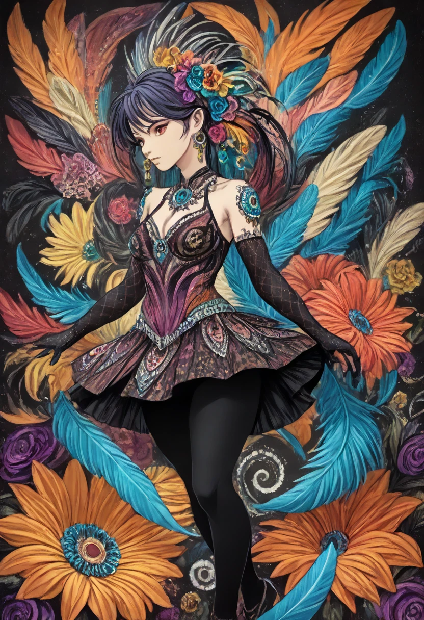 (masterpiece, top quality, best quality, official art, beautiful and aesthetic:1.2), (1girl:1.3), extremely detailed,(fractal art:1.1),(colorful:1.1)(flowers:1.3),highest detailed,(zentangle:1.2), (dynamic pose), (abstract background:1.3), (many colors:1.4),(earrings), (feathers:1.5)