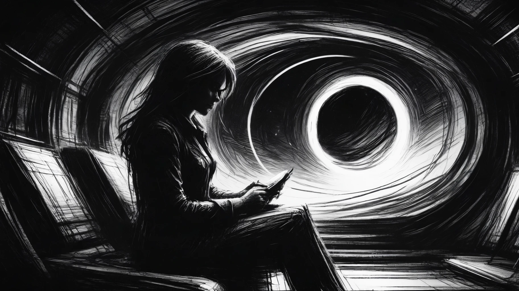 very rough charcoal sketch, scribbles, of a woman sitting in a spaceship, staring at the stars, fine lines, bold lines