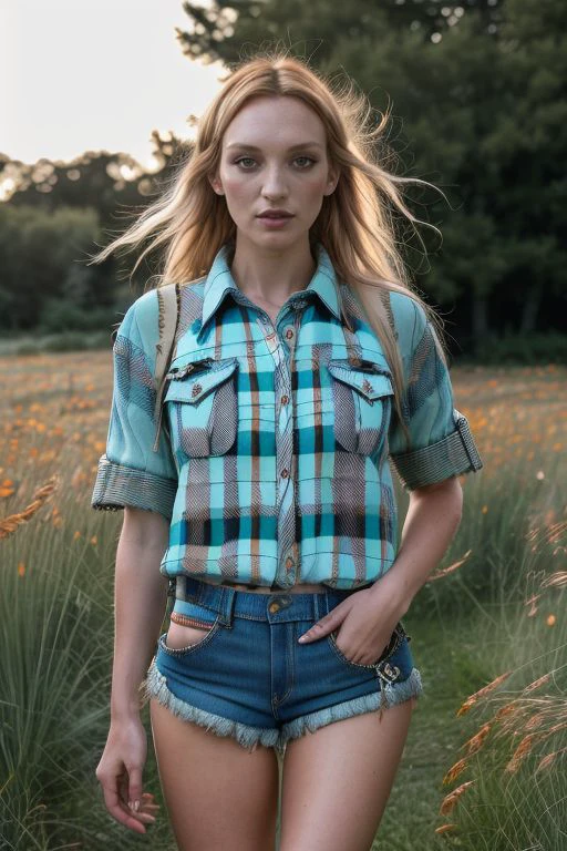 DEN_olivia_harriet,
(walking through a tallgrass meadow wearing (Jean shorts:1.3) and (plaid shirt:1.3), meadow, wild, overgrown, walking,:1.2),
bokeh, f1.4, 40mm, photorealistic, raw, 8k, textured skin, skin pores, intricate details  <lora:epi_noiseoffset2:1>, epiCRealism