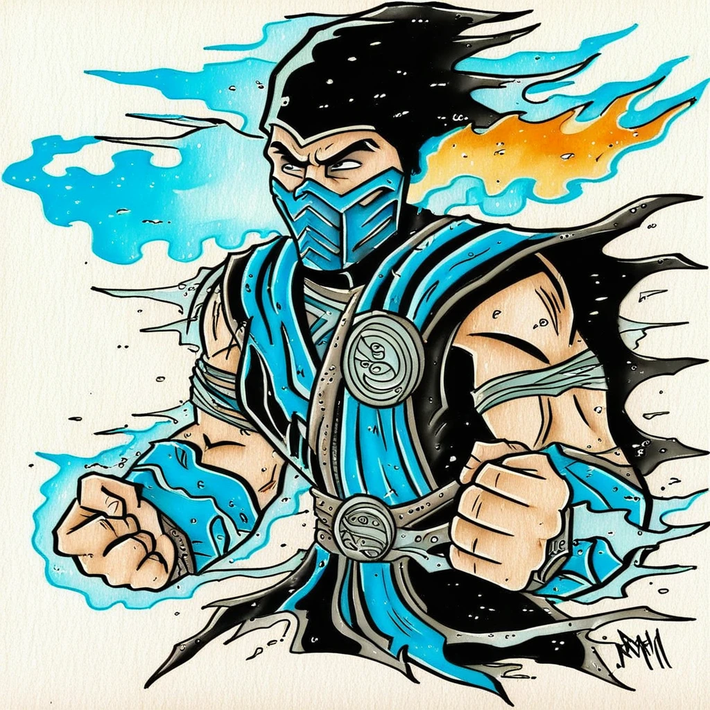 cape, sub_zero, clenched hands, mask, 1boy, superhero, weapon, fire, traditional media, mouth mask