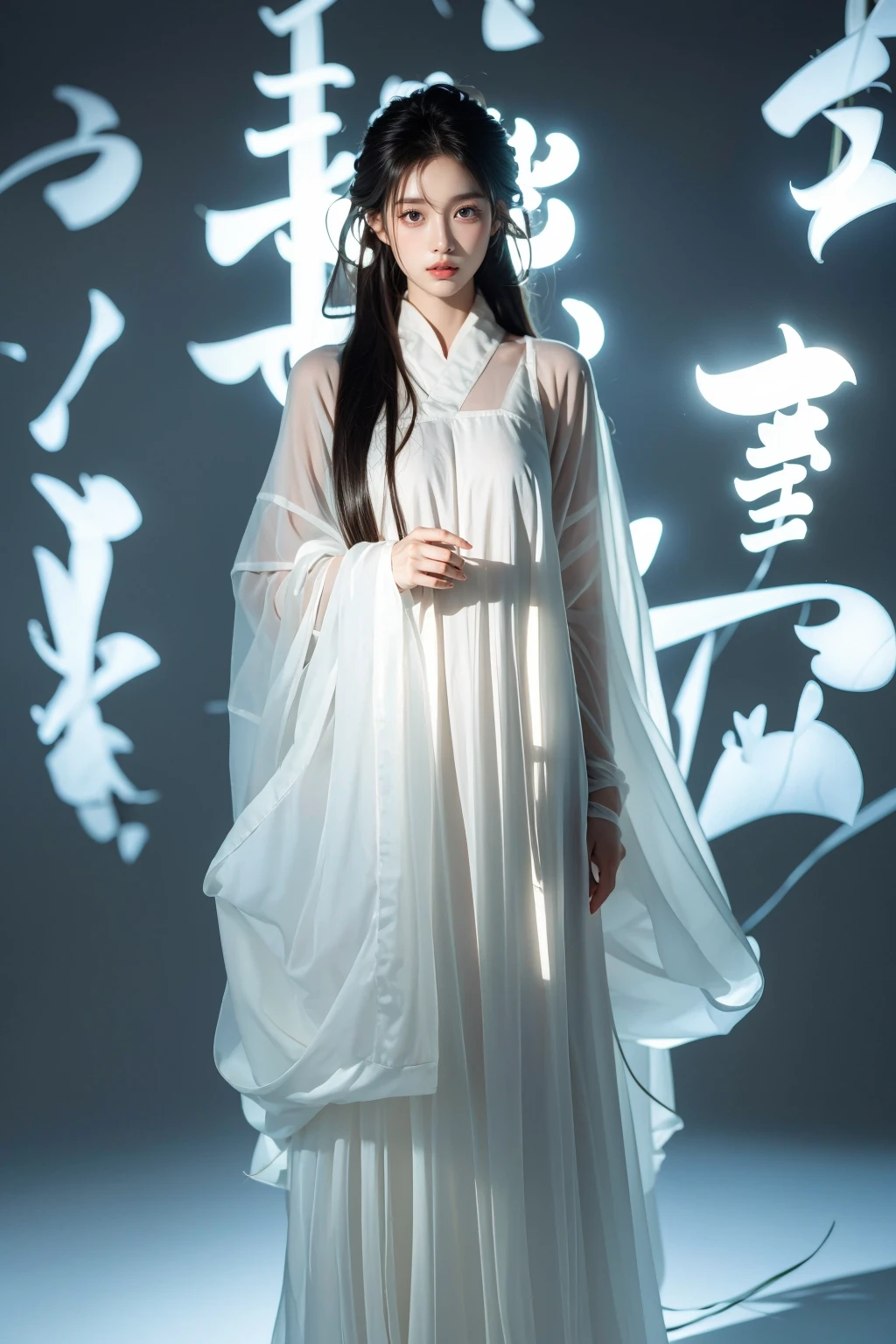photorealistic,realistic,photography,masterpiece,best quality,ultra-detailed,extremely detailed CG unity 8k wallpaper,(reality: 1.4),1girl,solo,long hair,closed mouth,looking at viewer,full body,standing,parted lips,lips,wide sleeves,see-through, white chinese text,Chinese calligraphy in background, <lora:JAY-Calligraphy Chinese:1>