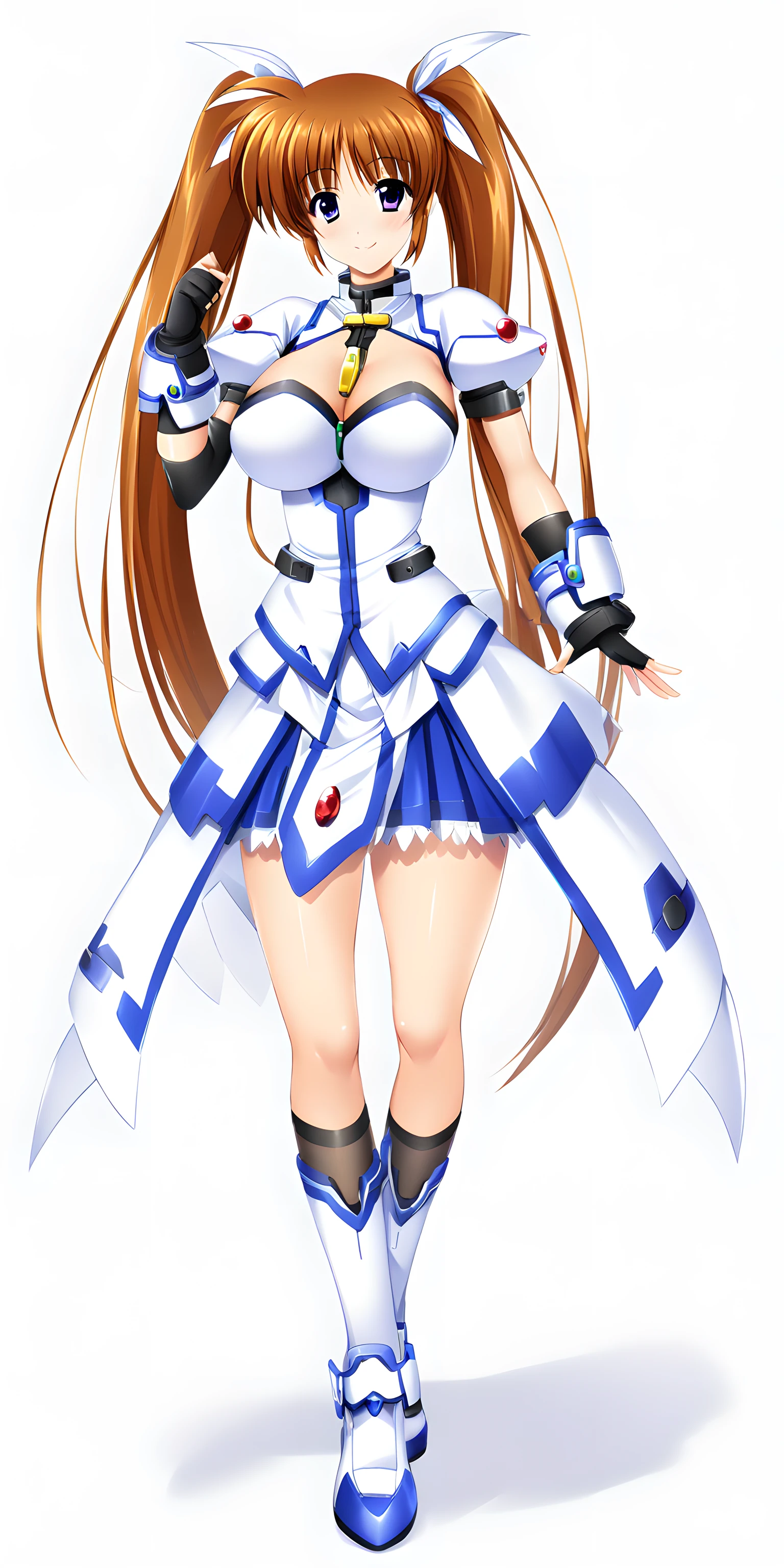 takamachi_nanoha, 1girl, solo, brown hair, twintails, gloves, smile, long hair, purple eyes, fingerless gloves, magical girl, white background, white ribbon, large breasts, standing, looking at viewer, white footwear , smile, <lora:Takamachi_Nanoha:1>