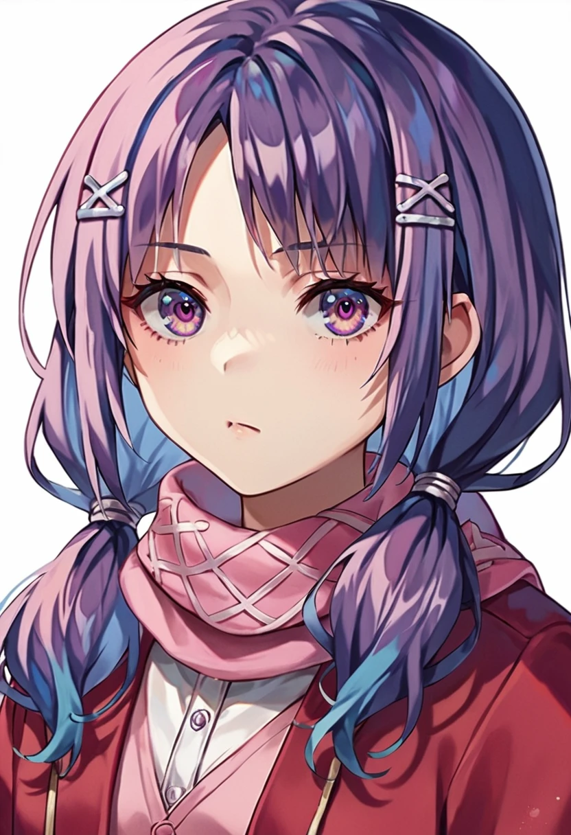 score_9_up score_8_up score_7_up, 
ai morishita, 1girl, hair ornament, long hair, purple eyes, bangs, hairclip, purple hair, blue hair, twintails, low twintails, x hair ornament
white shirt, red jacket, scarf, pink cardigan
simple background, white background, portrait
<lora:cote_aio:1>