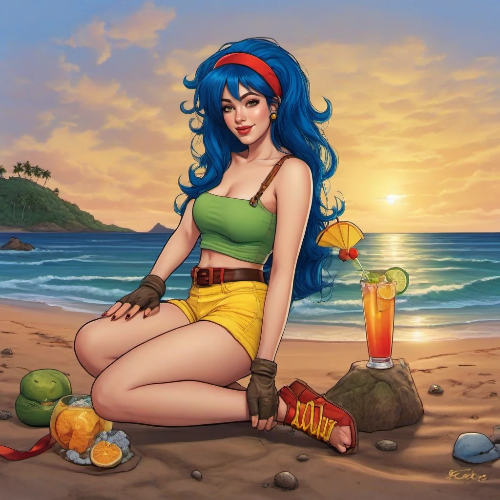 comic full body portrait 1girl, yellow short, green crop top, rel belt,blue hair, midriff, fingerless gloves, long hair, red hairband, navel, large breast, having a cocktail on island beach, sunset  <lora:Lunch1024:0.8> . graphic illustration, comic art, graphic novel art, vibrant, highly detailed