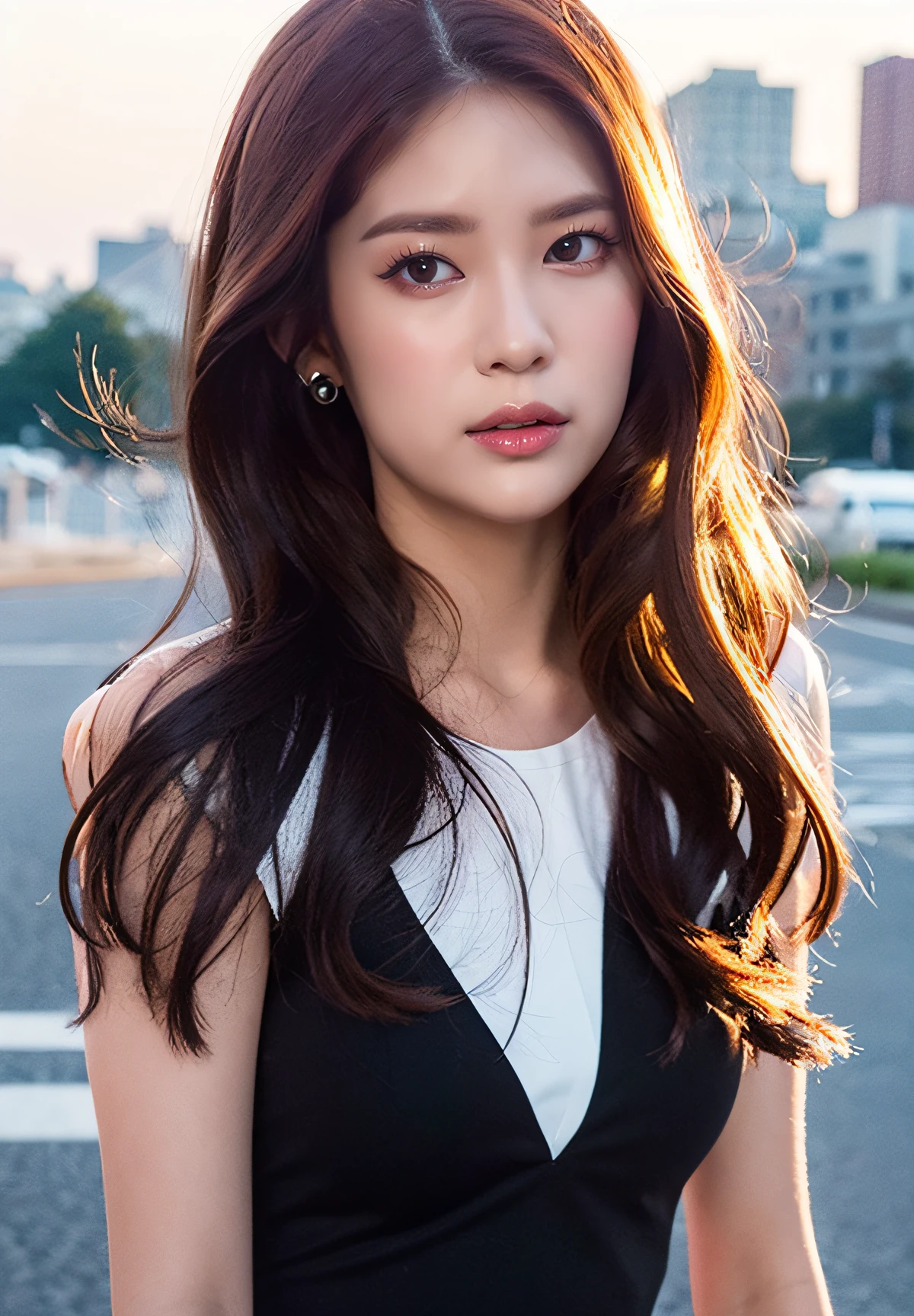 <lora:Daisy_V1:1> Daisy_V1, (realistic), (hyperrealism), (photorealistic:1.4), 1girl, looking at the viewer, eye makeup, detailed eyes, detailed face, (upper body:1.2), detailed background, black dress, walking at the streets, sunset, (windy:1.2)