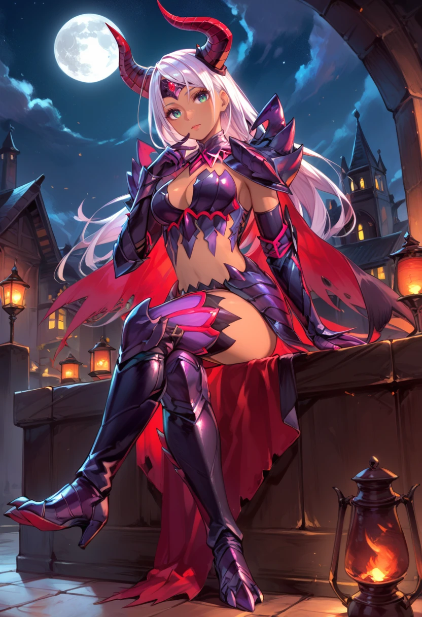 (score_9:0.9),score_8_up,score_7_up,rating_safe,anime style,(zPDXL),<lora:Gore magala S armor ponyXL v1.2:0.7>,gore magala armor,1girl,solo,red horns headband,white hair,purple pauldrons,purple gauntlets,standing,long hair,full body,looking at viewer,large breasts,purple thigh boots,green eyes,torn cape,medium breasts,purple pelvic curtain,dark-skinned female,sitting,crossed legs,moon,dragon,