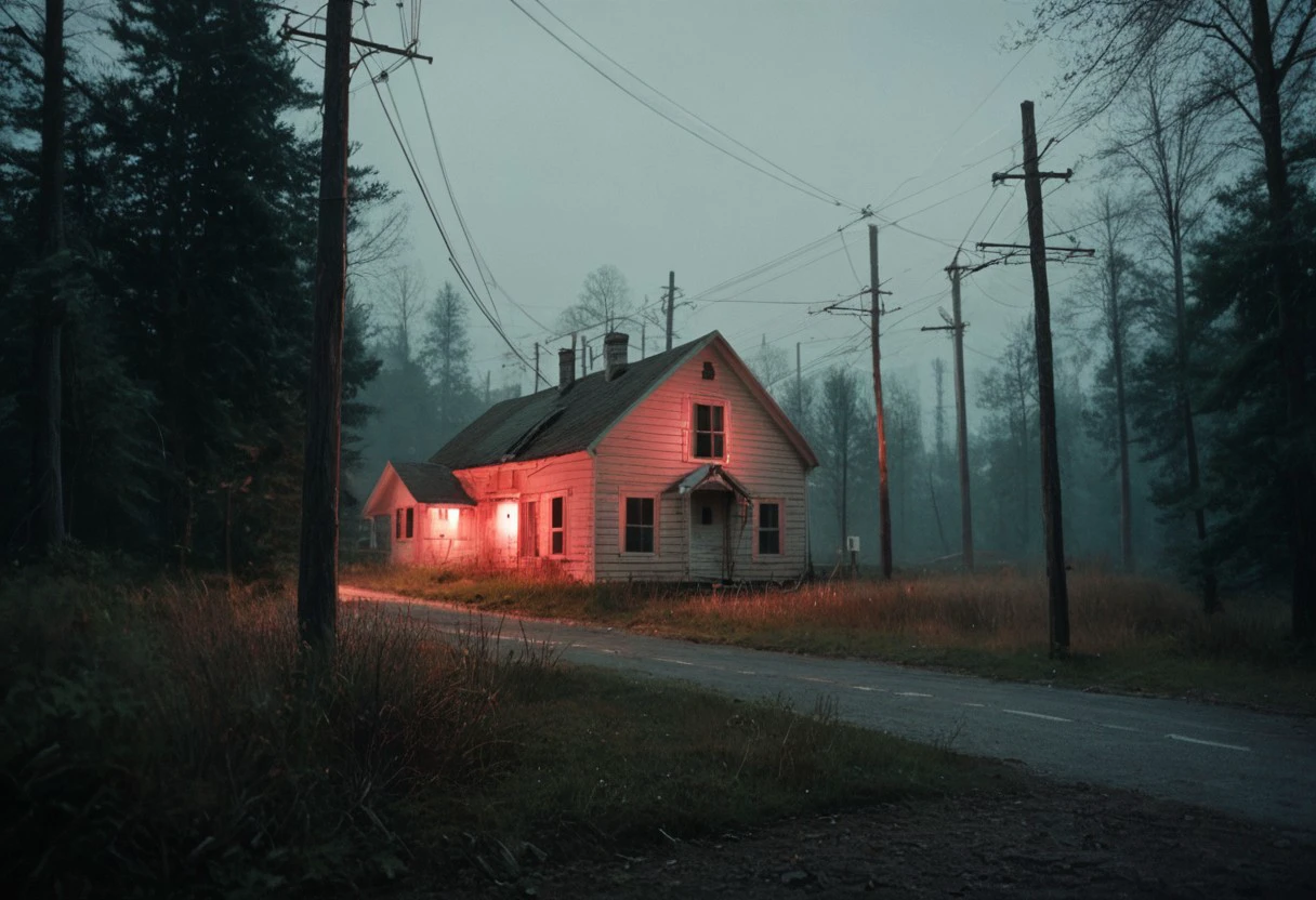 Film Photography, grainy film, 35mm, nostalgic, midwest, glowing, realistic, cinematic shot, outside, haunted, eerie, misty, fluorescent, depth of field, old vintage houses, power lines, fluorescent, dawn, Giant cross, dense forest, 
score_9, score_8_up, score_7_up, FOV wide angle,