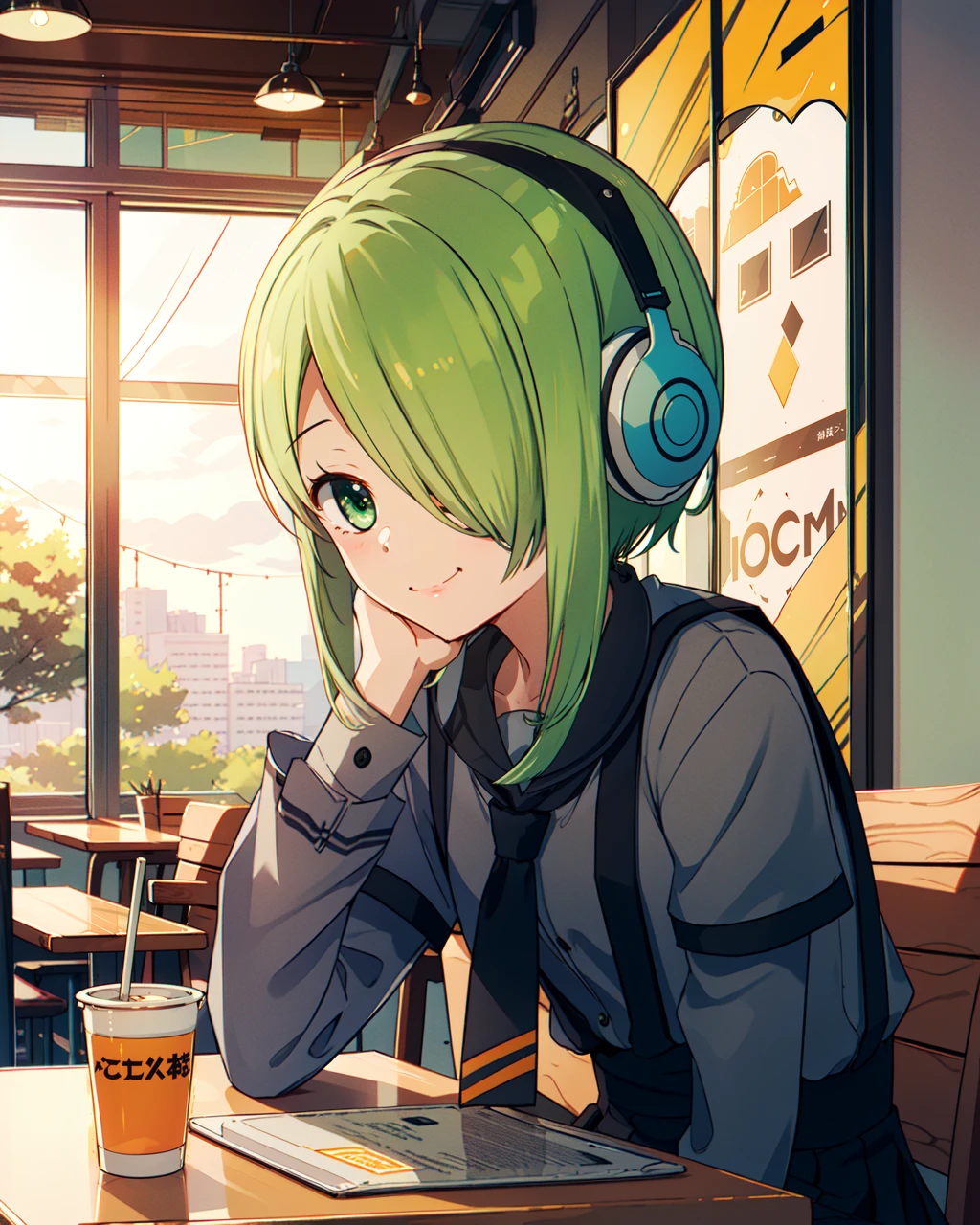 masterpiece, high quality, mgrcshiguremiyabi, 1girl, upper body, medium shot, green hair, green eyes, one eye covered, azure headphones on head, grey shirt with long sleeves, black buttoned skirt with braces, black tie with orange stripes, indoors, cafe, side view, sitting, table, light smile, <lora:mgrcshiguremiyabi:0.75>