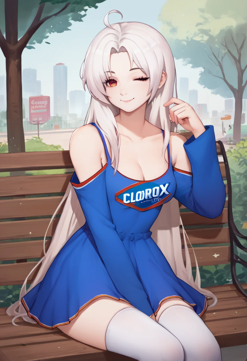 score_9, score_8_up, score_7_up, solo, solo, 1girl, clorox-chan, smile, looking at viewer, sitting, park bench, white hair, ahoge, one eye closed, blue dress, short dress, clothes writing, shoulder cutout, long sleeves, white thighhighs, bare shoulders, cleavage, outdoors <lora:gijinkaseries_clorox_ponyXL:1>