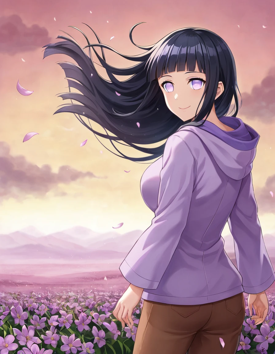 1woman, romantic scene, hyuuga hinata, hinata( purple eyes, blunt bangs, black hair, white eyes, no pupils), Big breasts(2.1), masterpiece, best quality, masterpiece, absurdres, (intricate details), (colorful), cinematic lighting, extremely detailed CG unity 8k wallpaper, hinata\(boruto\), 1girl, solo, purple hoodie, brown pants, from behind, layered sleeves, cowboy shot, looking back, looking at viewer, smile, outdoors, lavender flower field, flower, day, cloudy sky, wind, floating hair, falling petals