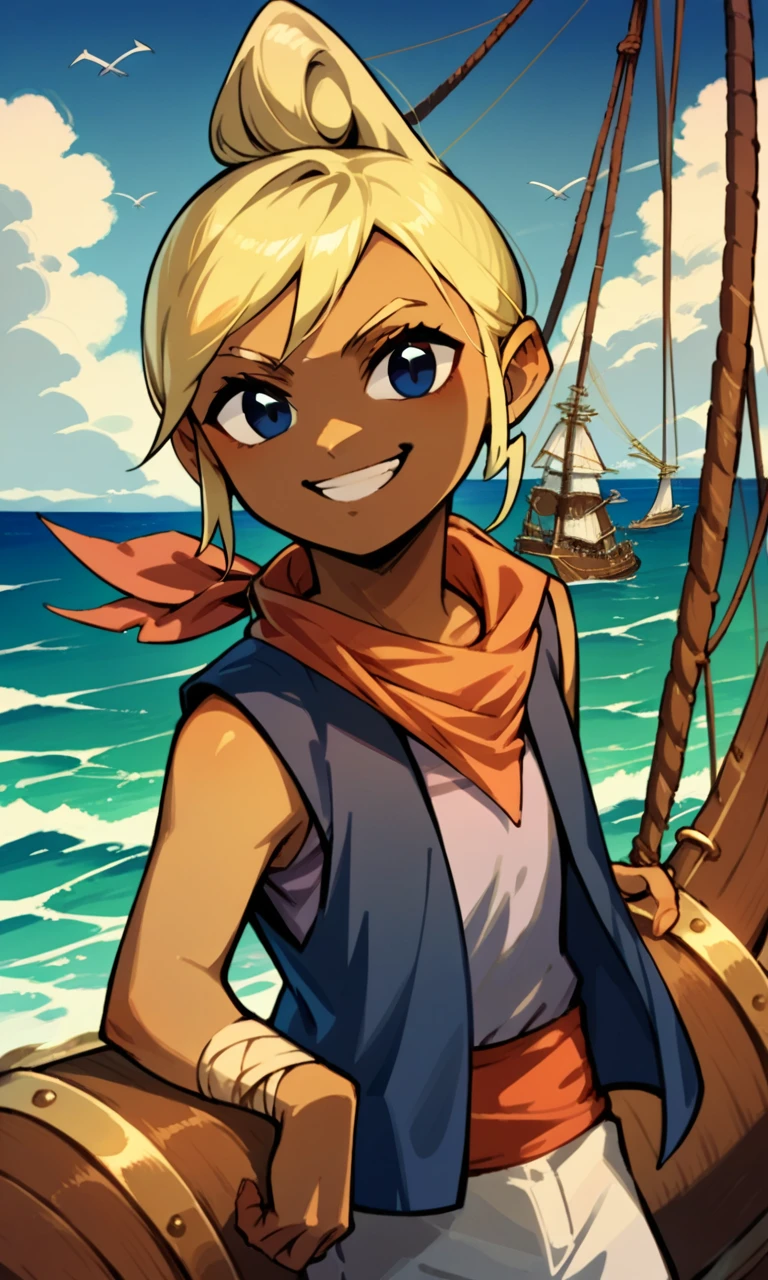 score_9, score_8_up, score_7_up, source_anime BREAK, 1girl, solo, tetra, dark skinned female, blond hair, blue eyes, vest, neckerchief, smile, on pirate ship, ocean