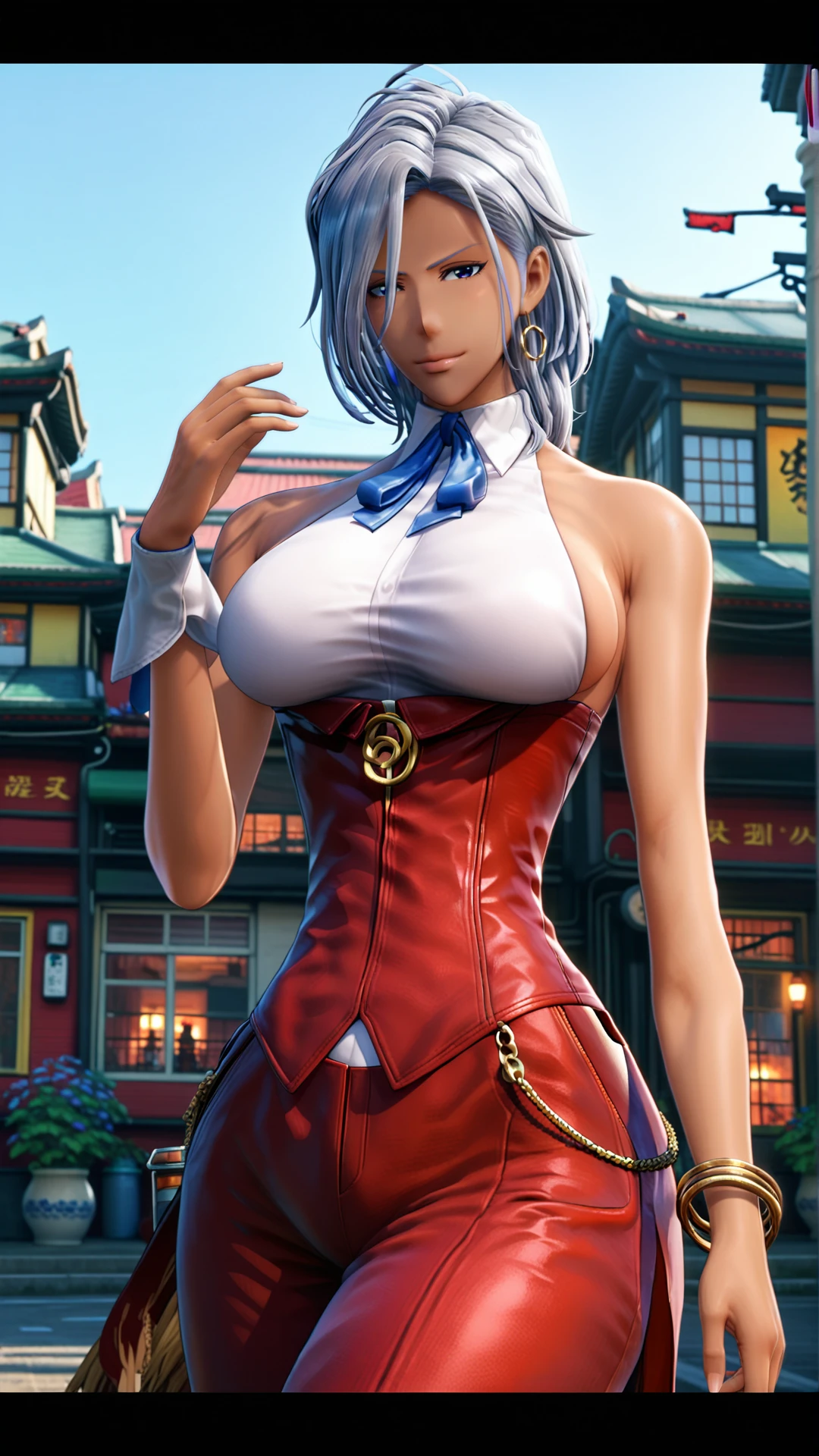 fantasy-style, (zPDXL2), (((cowboy shot))), (((dynamic pose))), (((dynamic angle))), sehele style, webtoon, anime, centered, 1girl, 1woman, anapal, tall, dark tanned skin, sideboob, dark silver hair, deep blue eyes, white dress with open back and bibs, blue ribbon, red long skirt, a pair of gold bracelets on her left arm, outdoors, japan town background, <lora:sd_xl_dpo_lora_v1:1>, <lora:OMG-Is-DucHaiten_v1.0:0.1>, <lora:Seunghee_Lee_Style_PDXL:1>, <lora:ManhwaSDXL:0.8>, <lora:anapal_PonyXL:0.8>