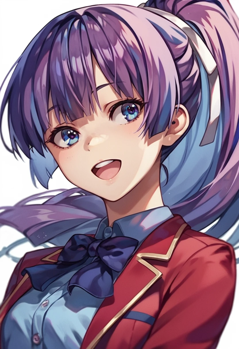 score_9_up score_8_up score_7_up, 
mako amikura, 1girl, ponytail, long hair, hair ribbon, purple hair, blue hair, ribbon, bangs, blue eyes, purple eyes, high ponytail
blue shirt, red jacket, bowtie, light smile, open mouth
simple background, white background, portrait
<lora:cote_aio:1>